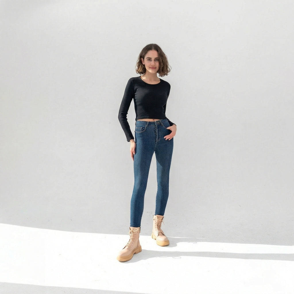 Black Ribbed Long Sleeve Cropped T-Shirt
