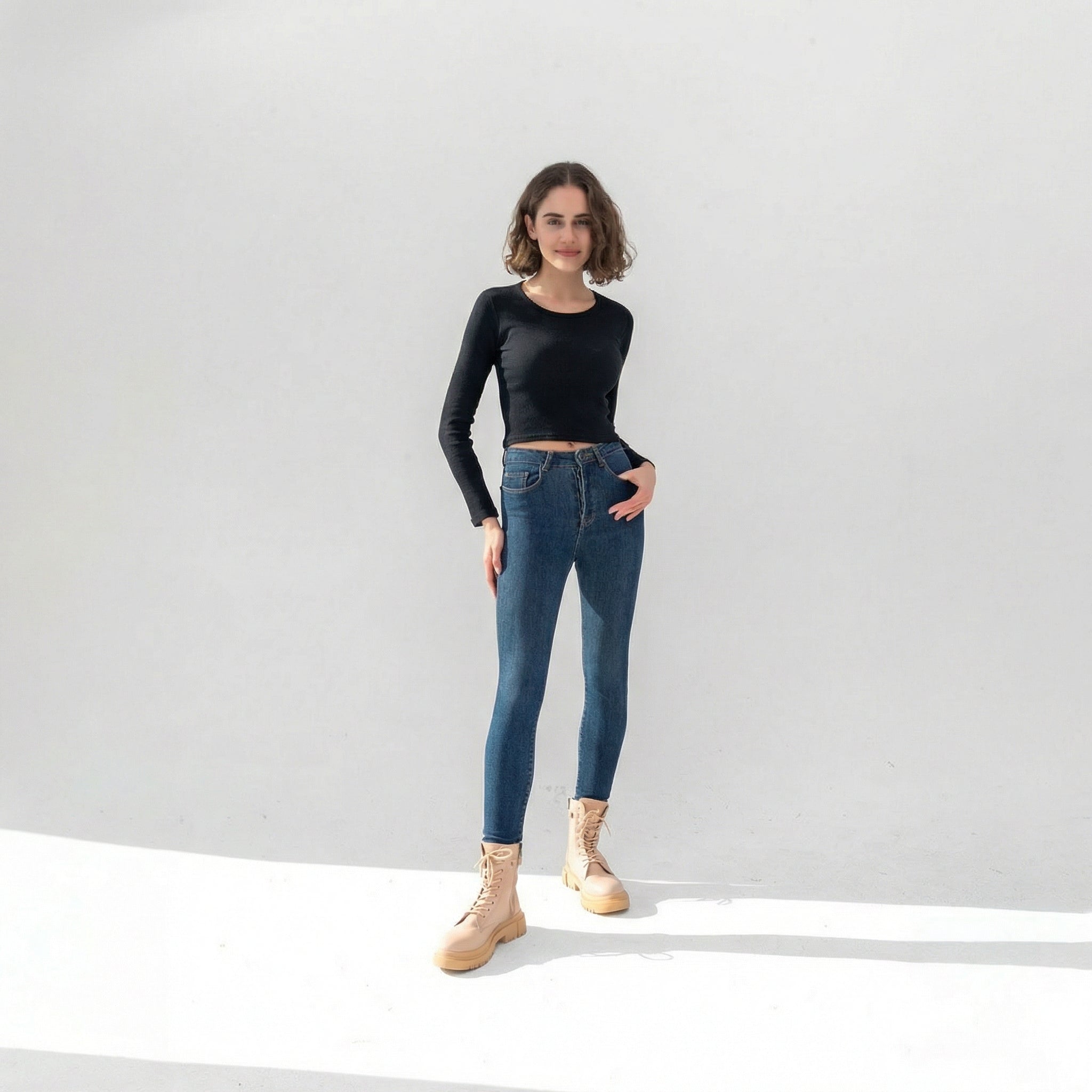 Black Ribbed Long Sleeve Cropped T-Shirt