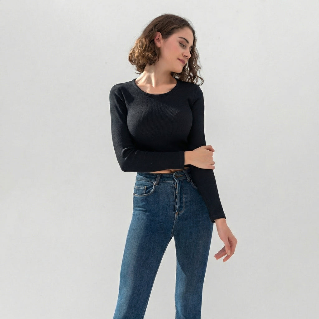 Black Ribbed Long Sleeve Cropped T-Shirt