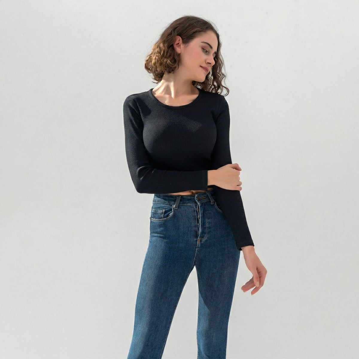 Black Ribbed Long Sleeve Cropped T-Shirt