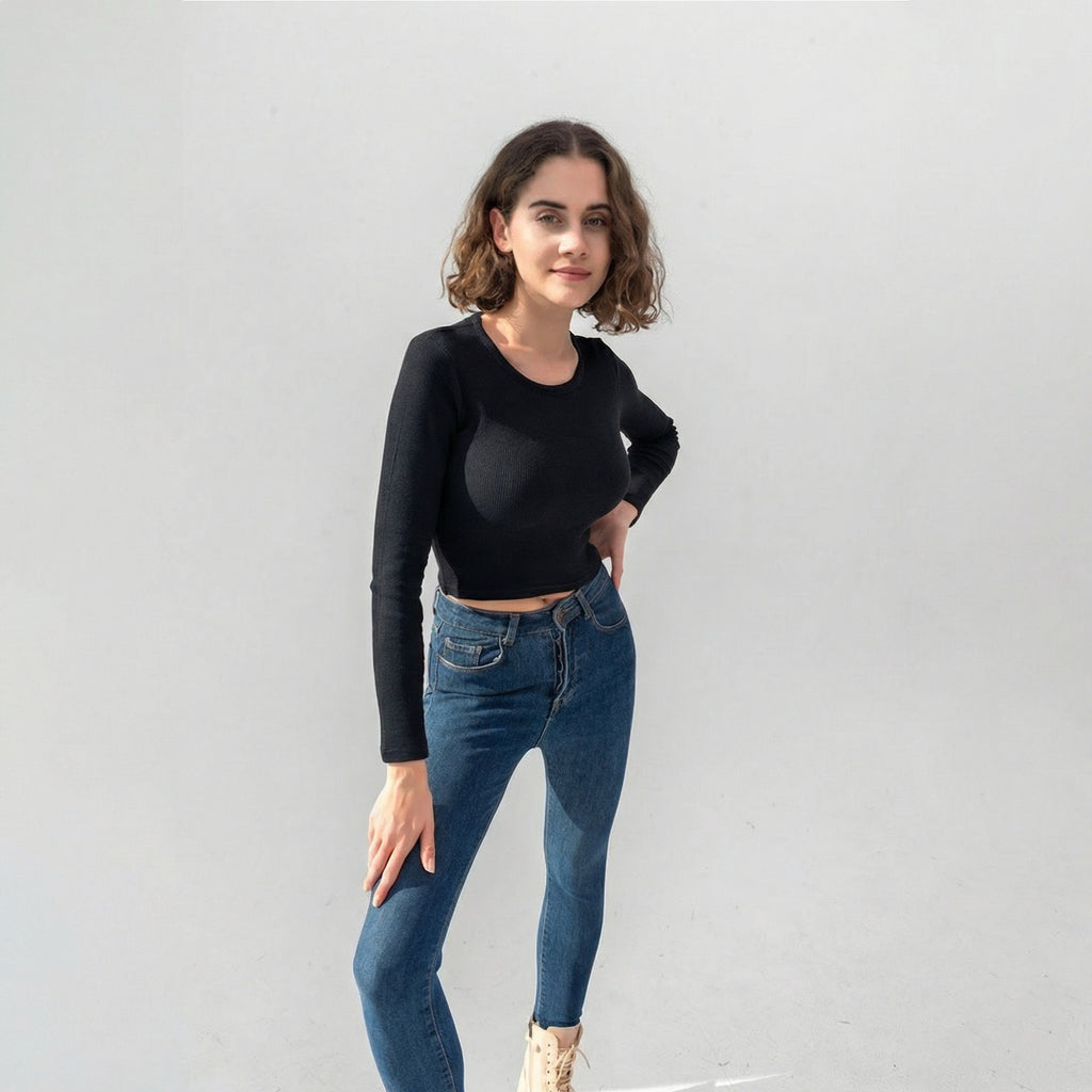 Black Ribbed Long Sleeve Cropped T-Shirt