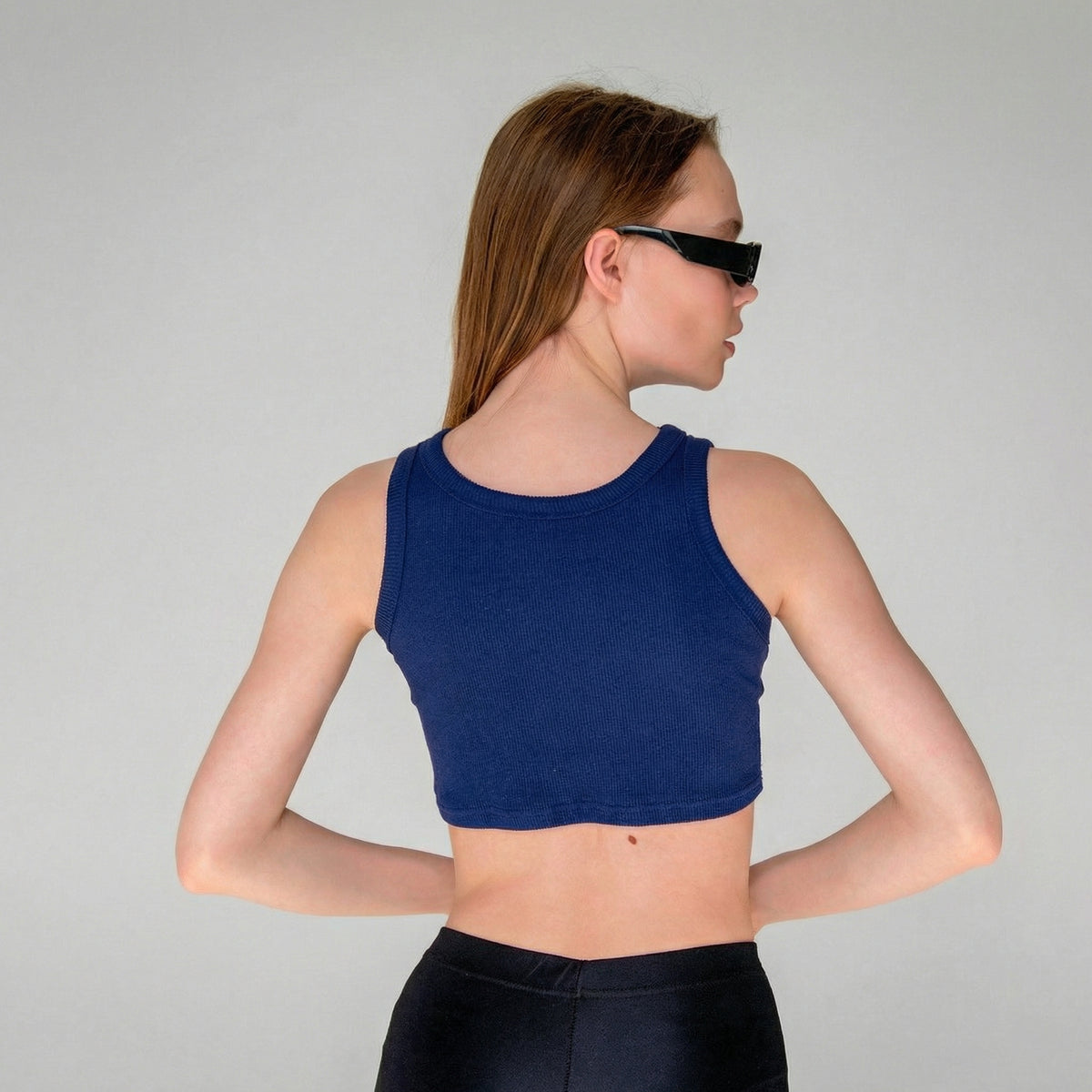 Navy Blue Ribbed Super Crop Halter Neck Knitted Top