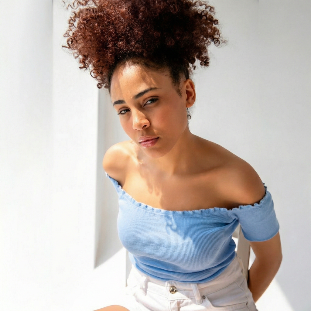 Hellblaue gestrickte Carmen-Kragen Off-Shoulder Crop-Bluse