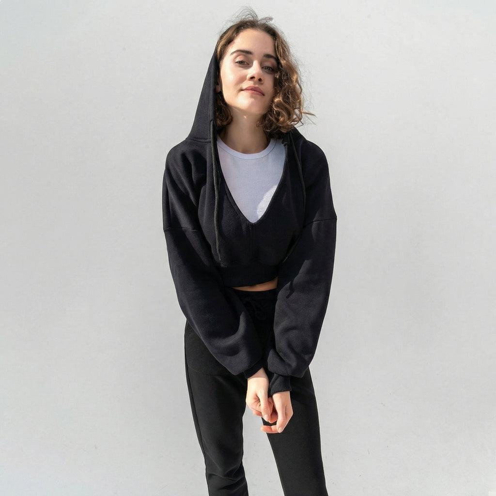 Black Cropped V-Neck Hooded Sweatshirt with Drawstring