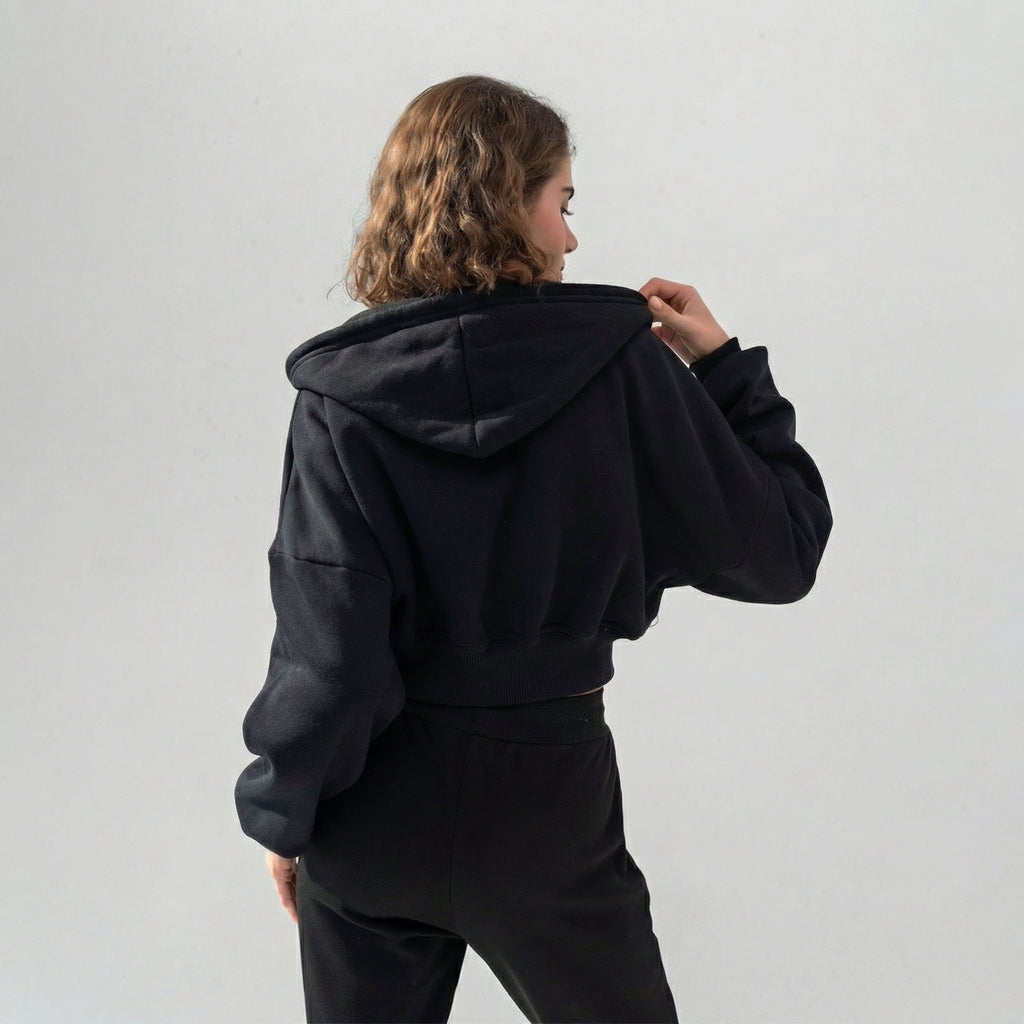 Black Cropped V-Neck Hooded Sweatshirt with Drawstring