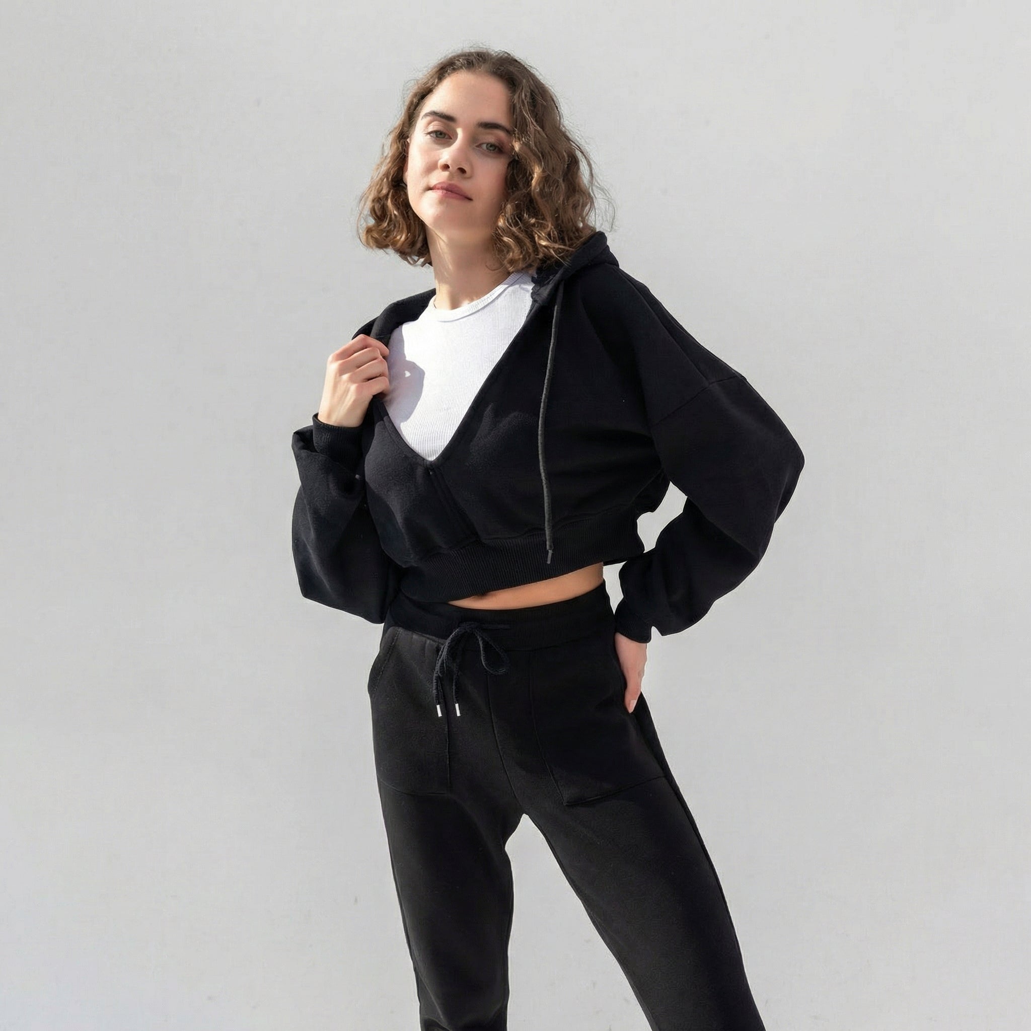 Black Cropped V-Neck Hooded Sweatshirt with Drawstring