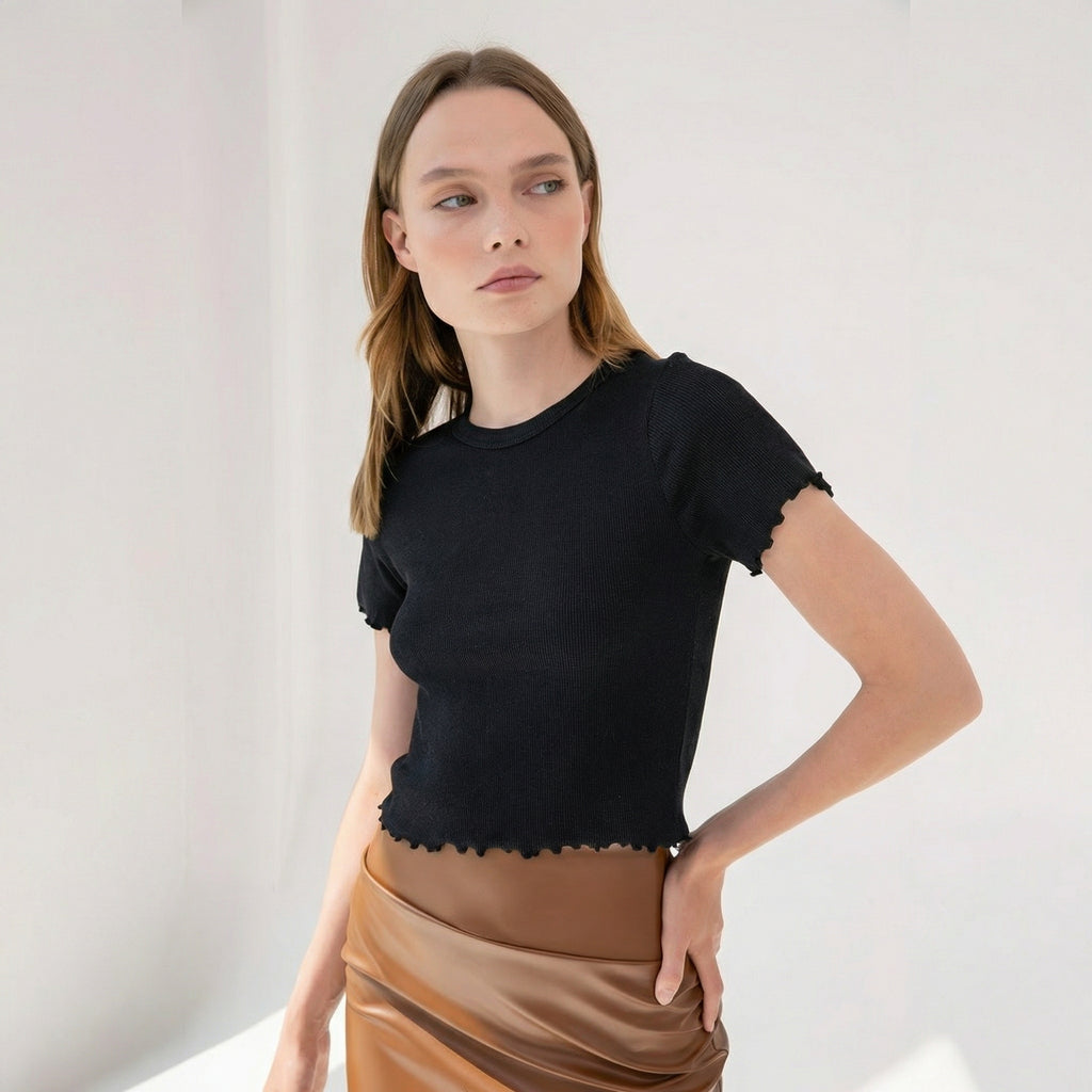 Black Ribbed Cropped T-Shirt with Ruffle Edge Details