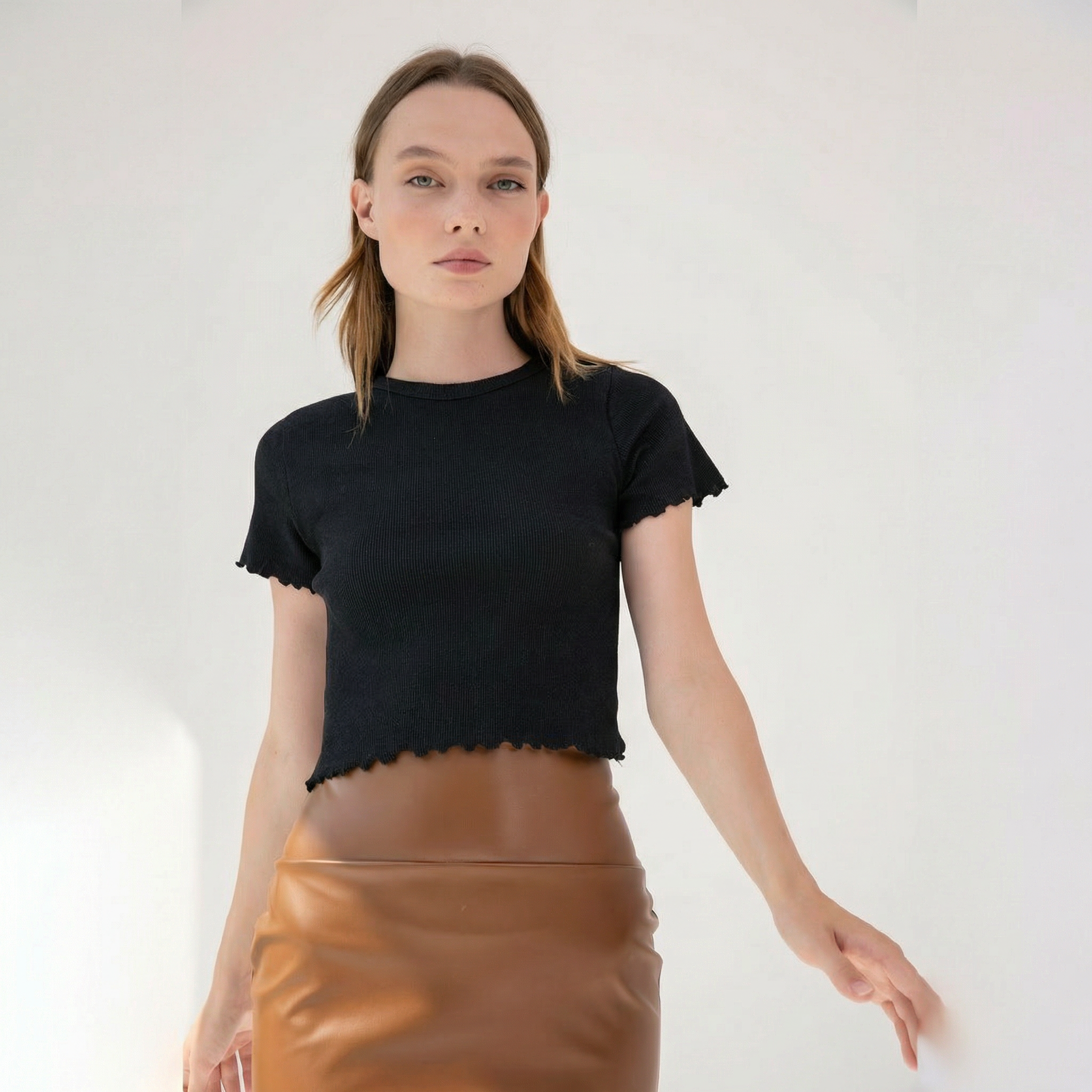 Black Ribbed Cropped T-Shirt with Ruffle Edge Details