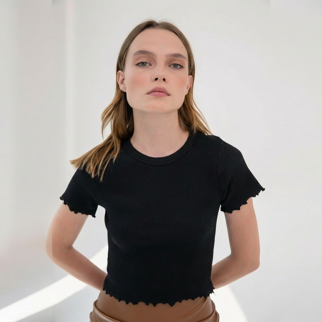 Black Ribbed Cropped T-Shirt with Ruffle Edge Details