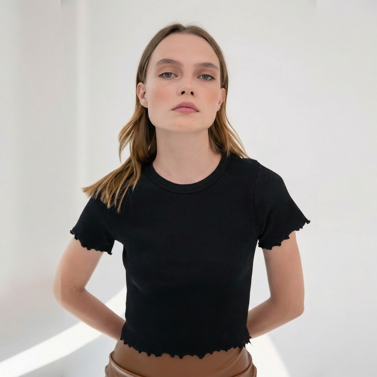 Black Ribbed Cropped T-Shirt with Ruffle Edge Details