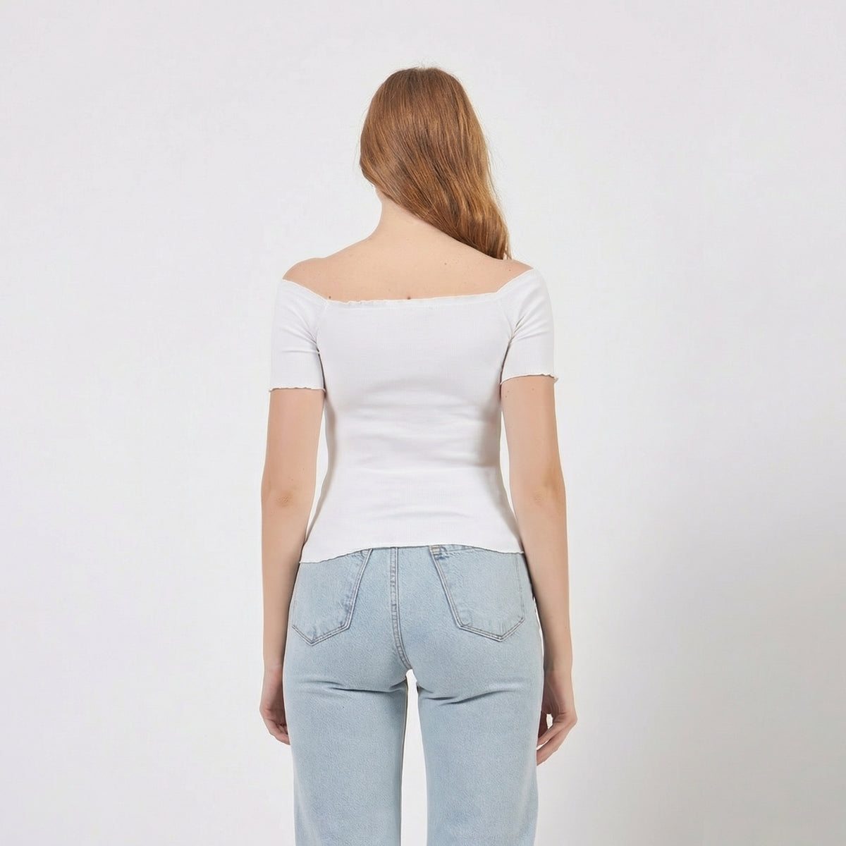 Kurzes Carmen-Off-Shoulder-Top in Weiß mit Rippenstruktur