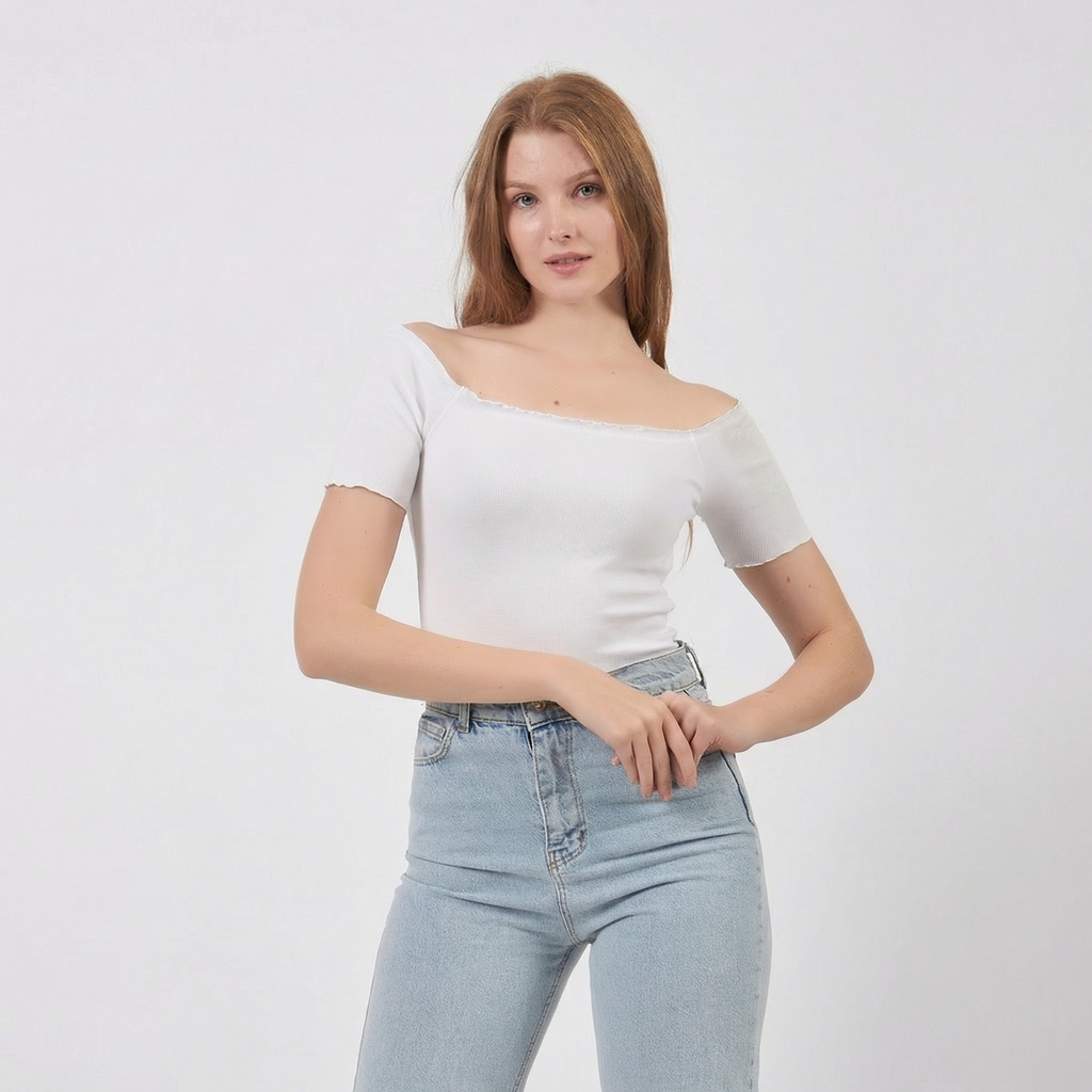Ribbed Carmen Collar Off-The-Shoulder Crop Blouse in White
