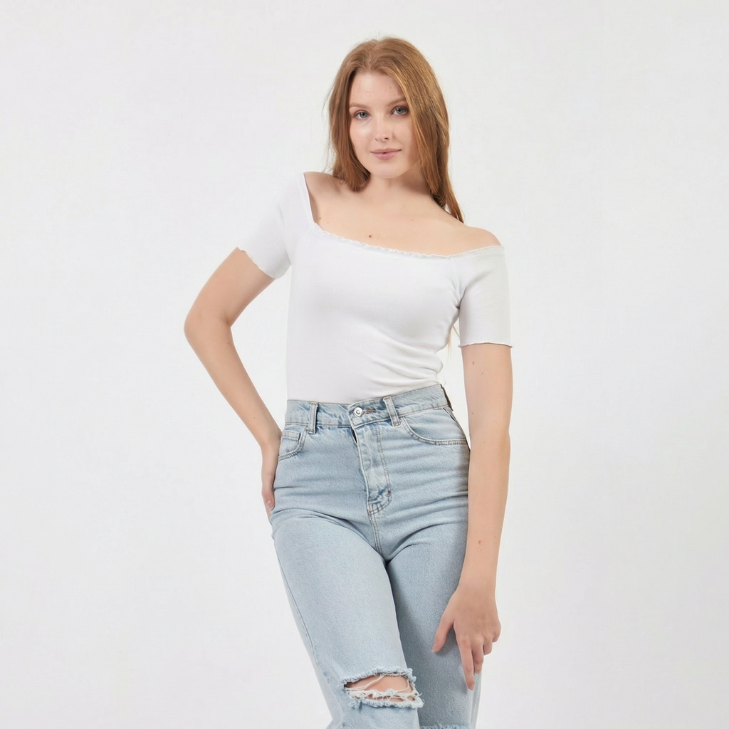 Ribbed Carmen Collar Off-The-Shoulder Crop Blouse in White