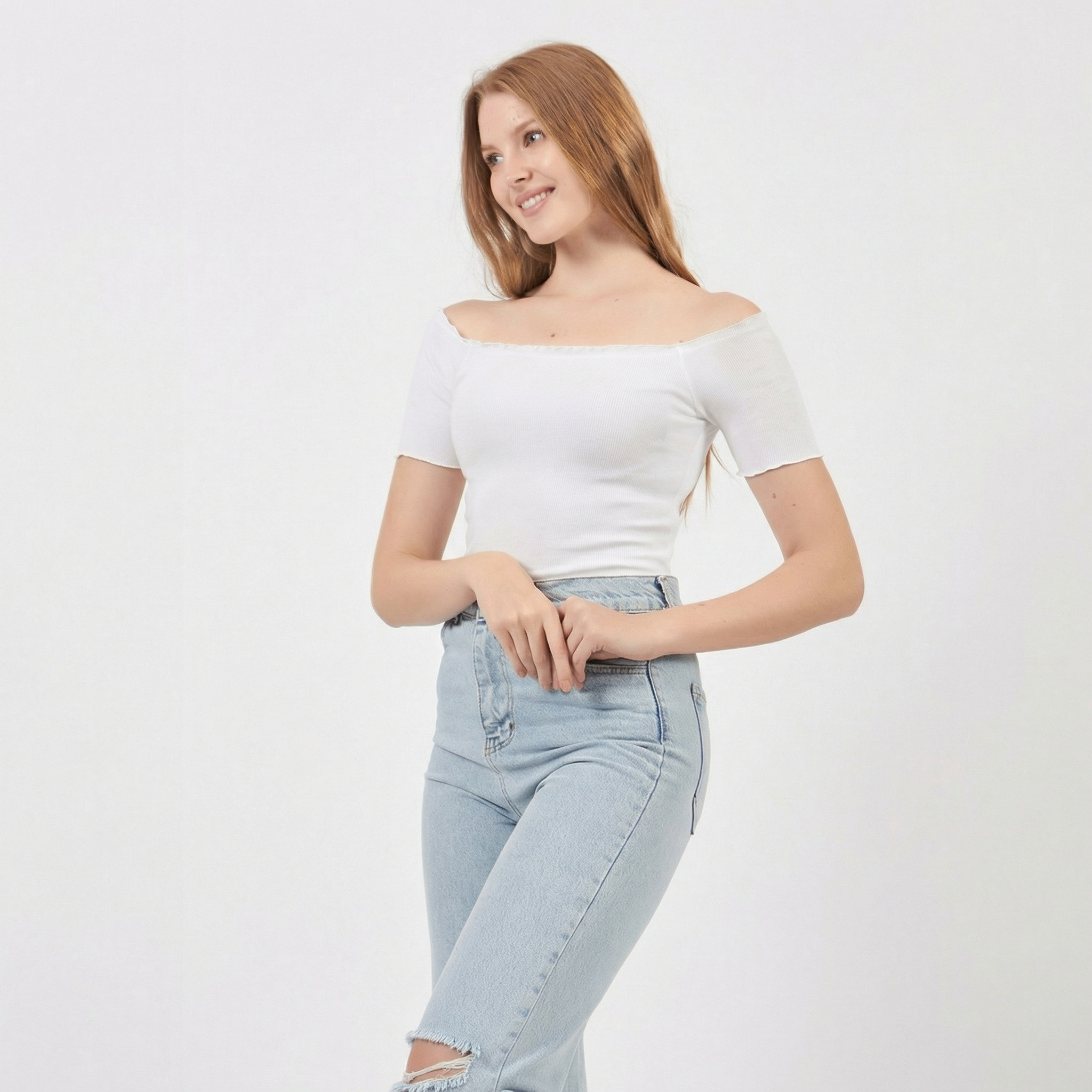 Ribbed Carmen Collar Off-The-Shoulder Crop Blouse in White