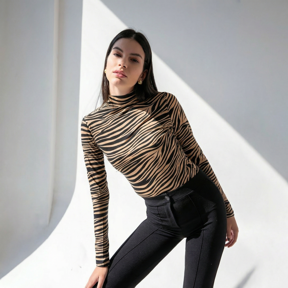 Tiger Print High Neck Long Sleeve Bodysuit