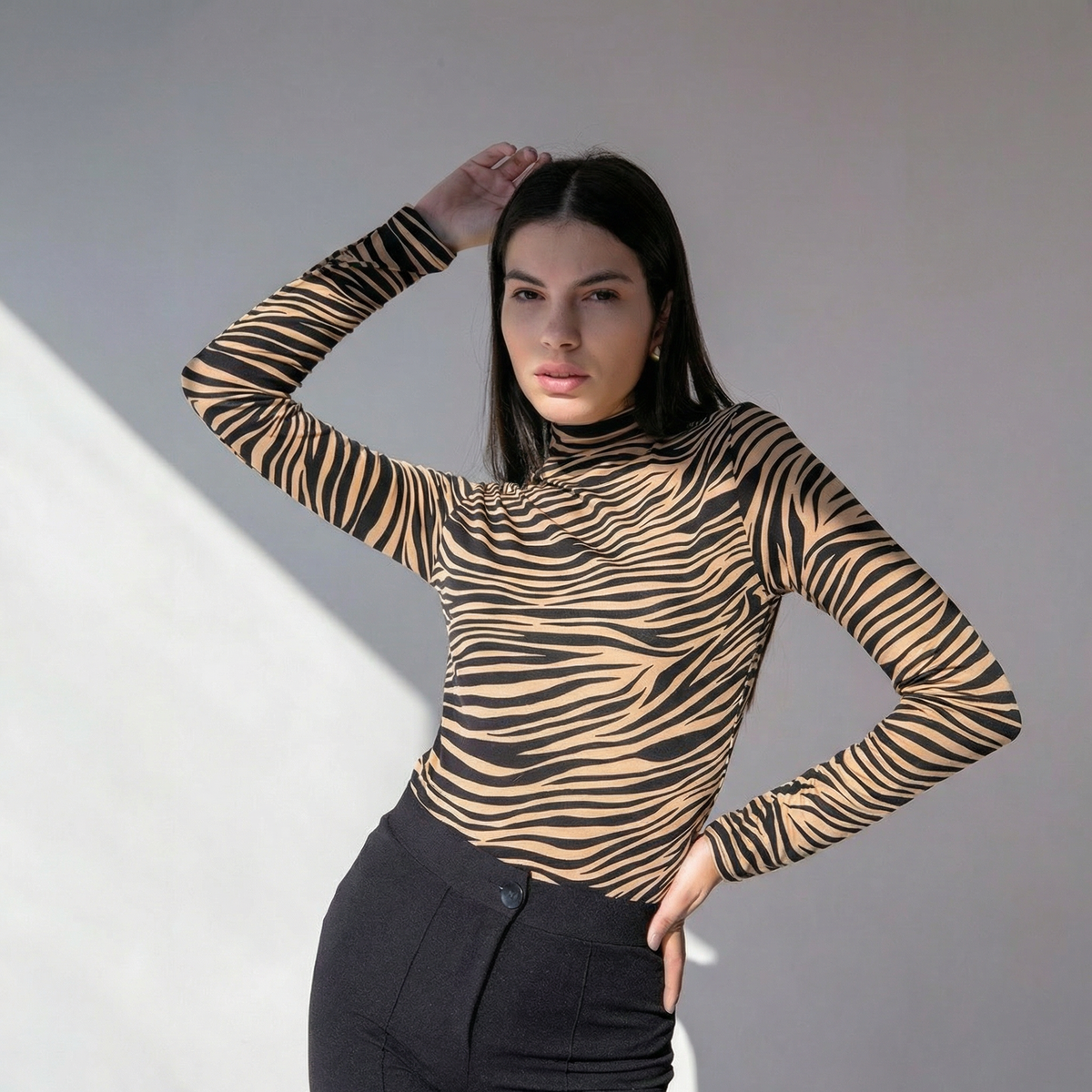 Tiger Print High Neck Long Sleeve Bodysuit