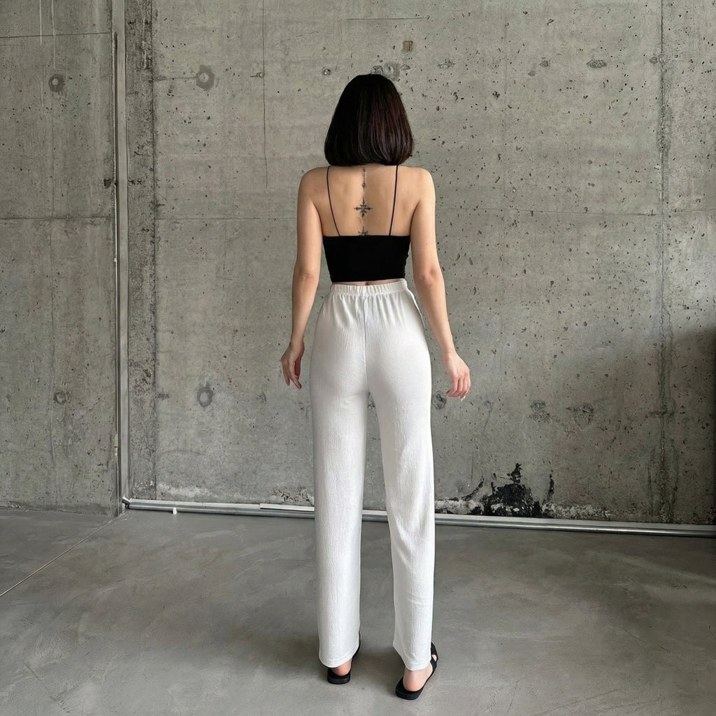 White Textured High-Waisted Relaxed Trousers