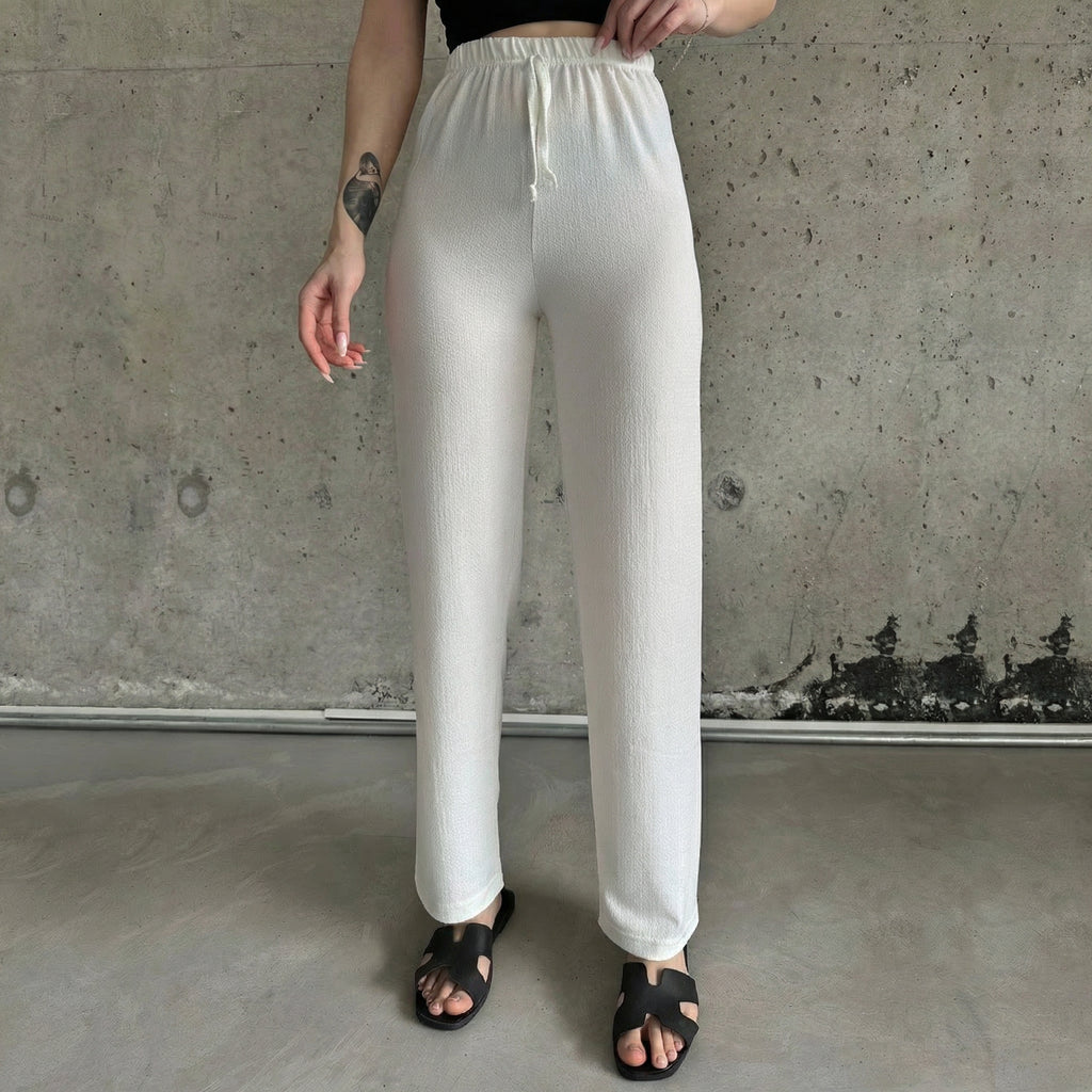 White Textured High-Waisted Relaxed Trousers