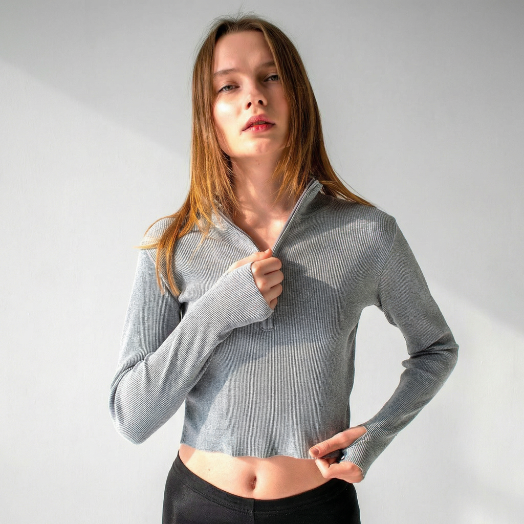 Grey Ribbed Quarter-Zip Cropped Top with Thumbhole Cuffs