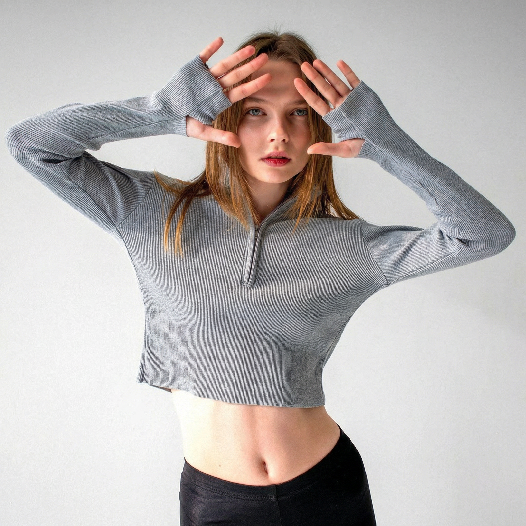 Grey Ribbed Quarter-Zip Cropped Top with Thumbhole Cuffs