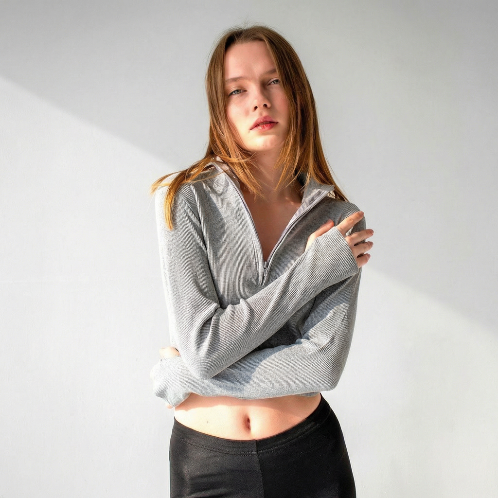 Grey Ribbed Quarter-Zip Cropped Top with Thumbhole Cuffs