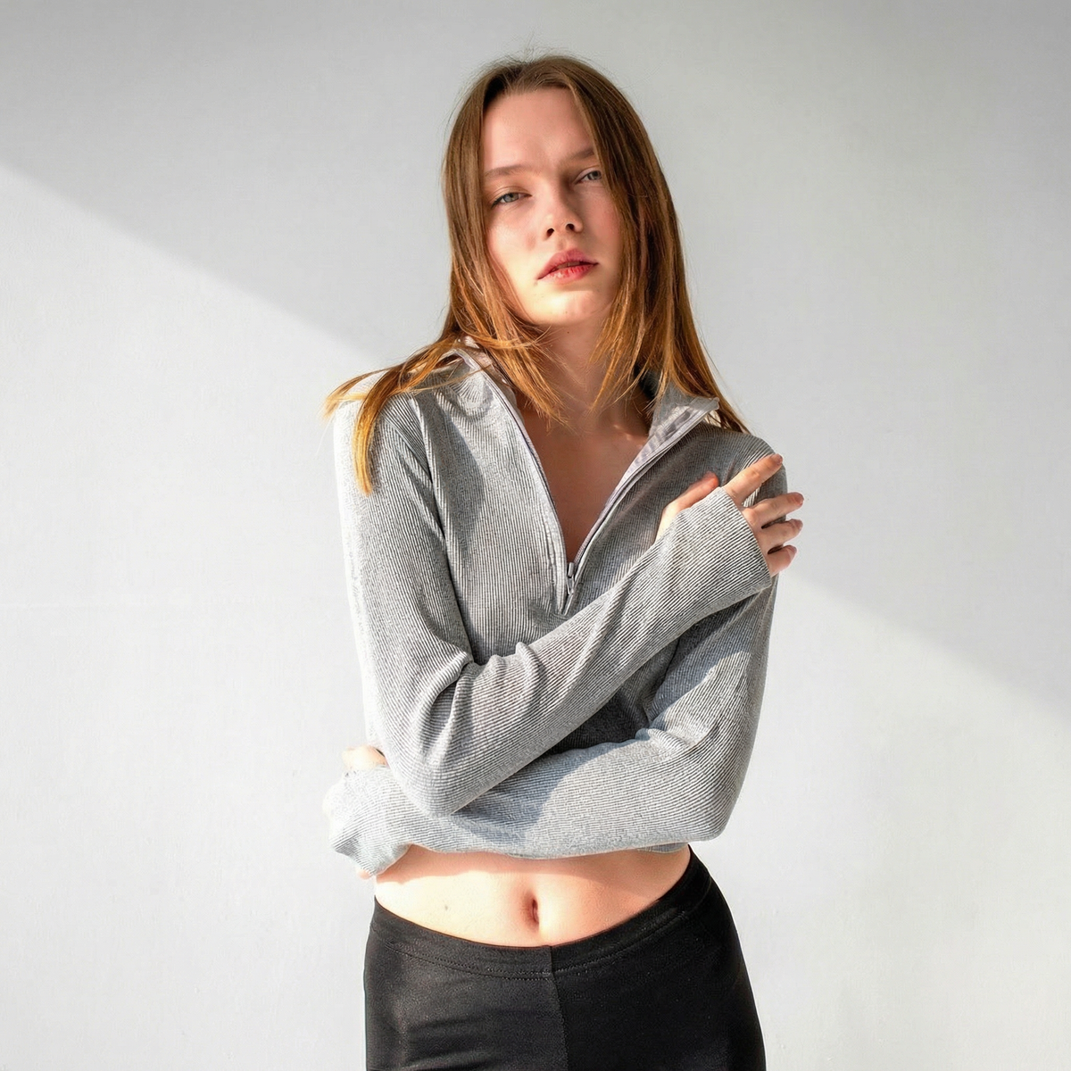 Grey Ribbed Quarter-Zip Cropped Top with Thumbhole Cuffs