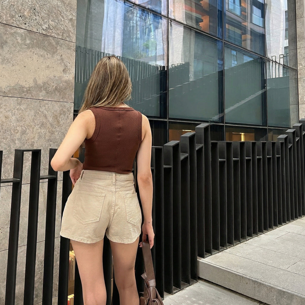 Dark Brown Ribbed Strappy Blouse | Sleeveless Scoop Neck Vest