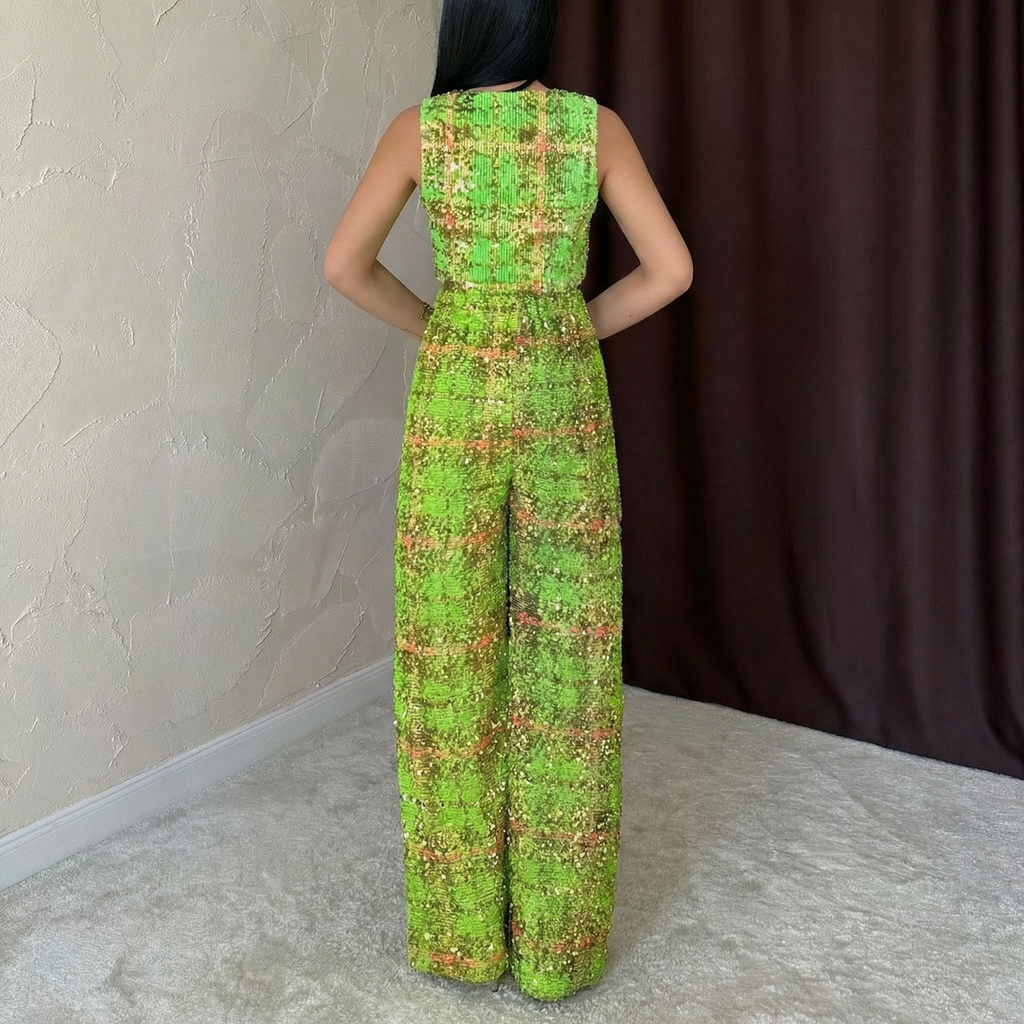 Grünes, paillettenbesetztes Tweed-Crop-Vest und Wide-Leg-Trousers Co-ord-Set