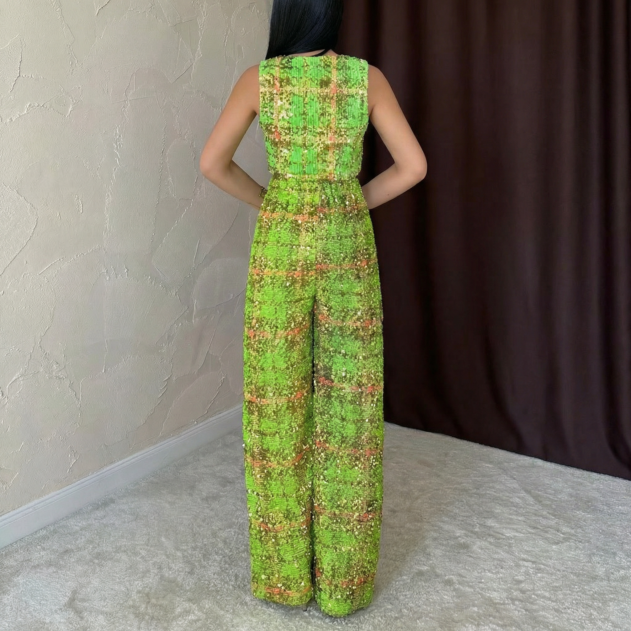 Grünes, paillettenbesetztes Tweed-Crop-Vest und Wide-Leg-Trousers Co-ord-Set