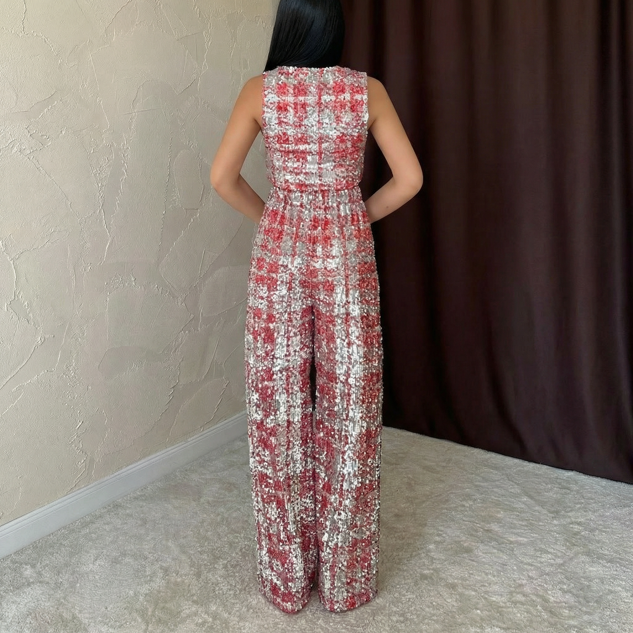 Glamouröses rotes und silbernes Pailletten-Set mit V-Ausschnitt und Palazzo-Hose