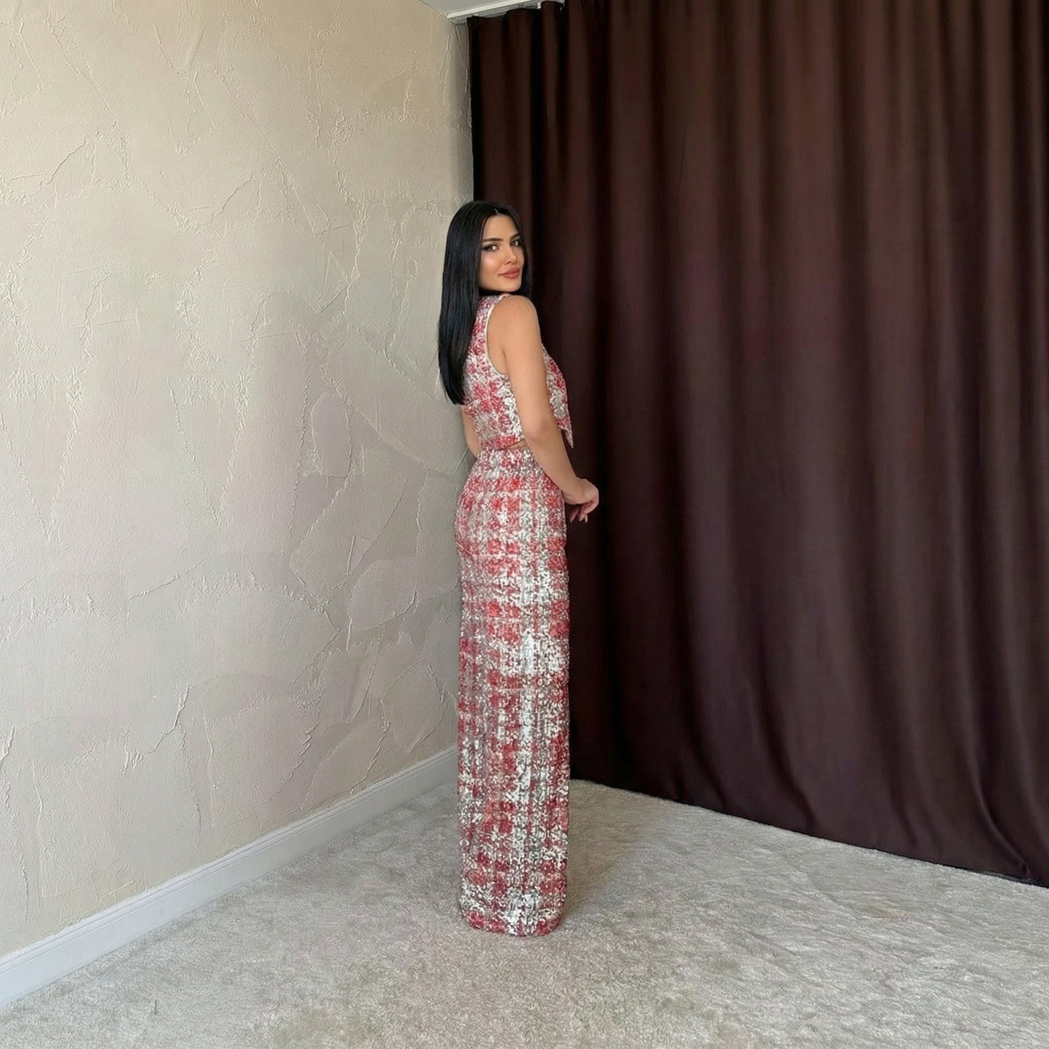 Glamouröses rotes und silbernes Pailletten-Set mit V-Ausschnitt und Palazzo-Hose