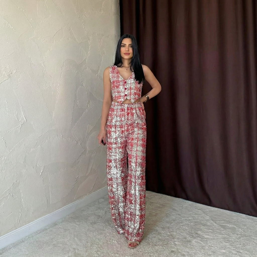 Glamorous Red and Silver Sequin V-Neck Palazzo Trouser Set