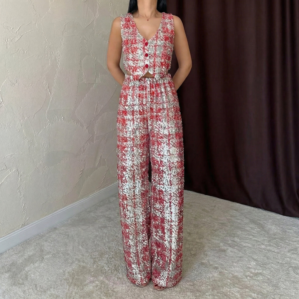 Glamouröses rotes und silbernes Pailletten-Set mit V-Ausschnitt und Palazzo-Hose