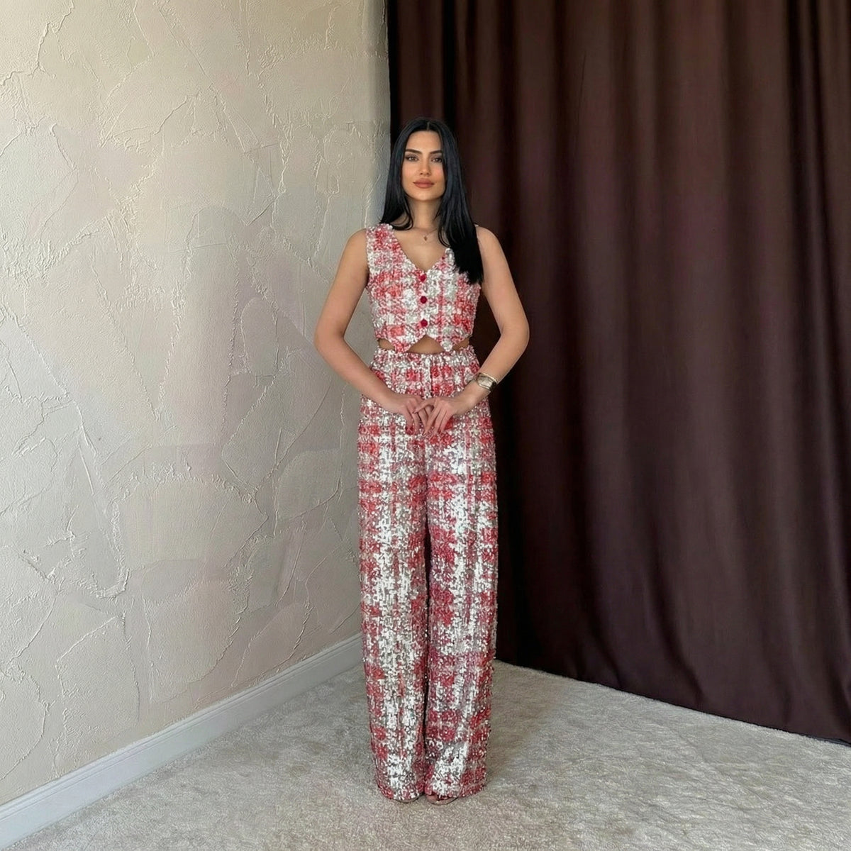 Glamouröses rotes und silbernes Pailletten-Set mit V-Ausschnitt und Palazzo-Hose