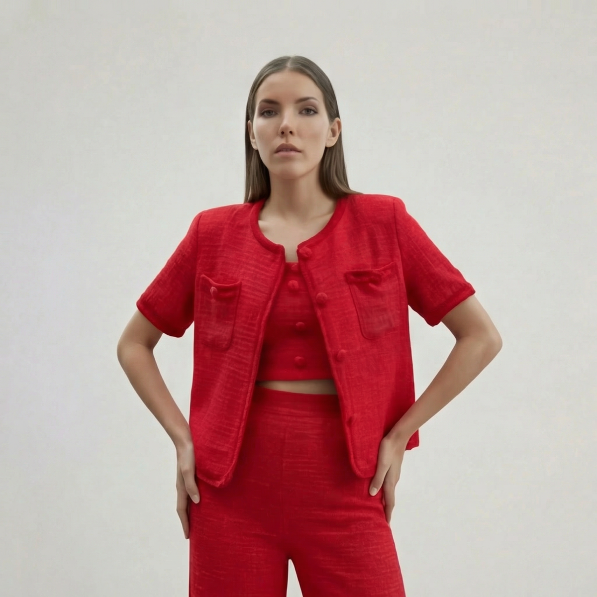 Elegantes dreiteiliges Hosen-Set im roten Tweed-Look