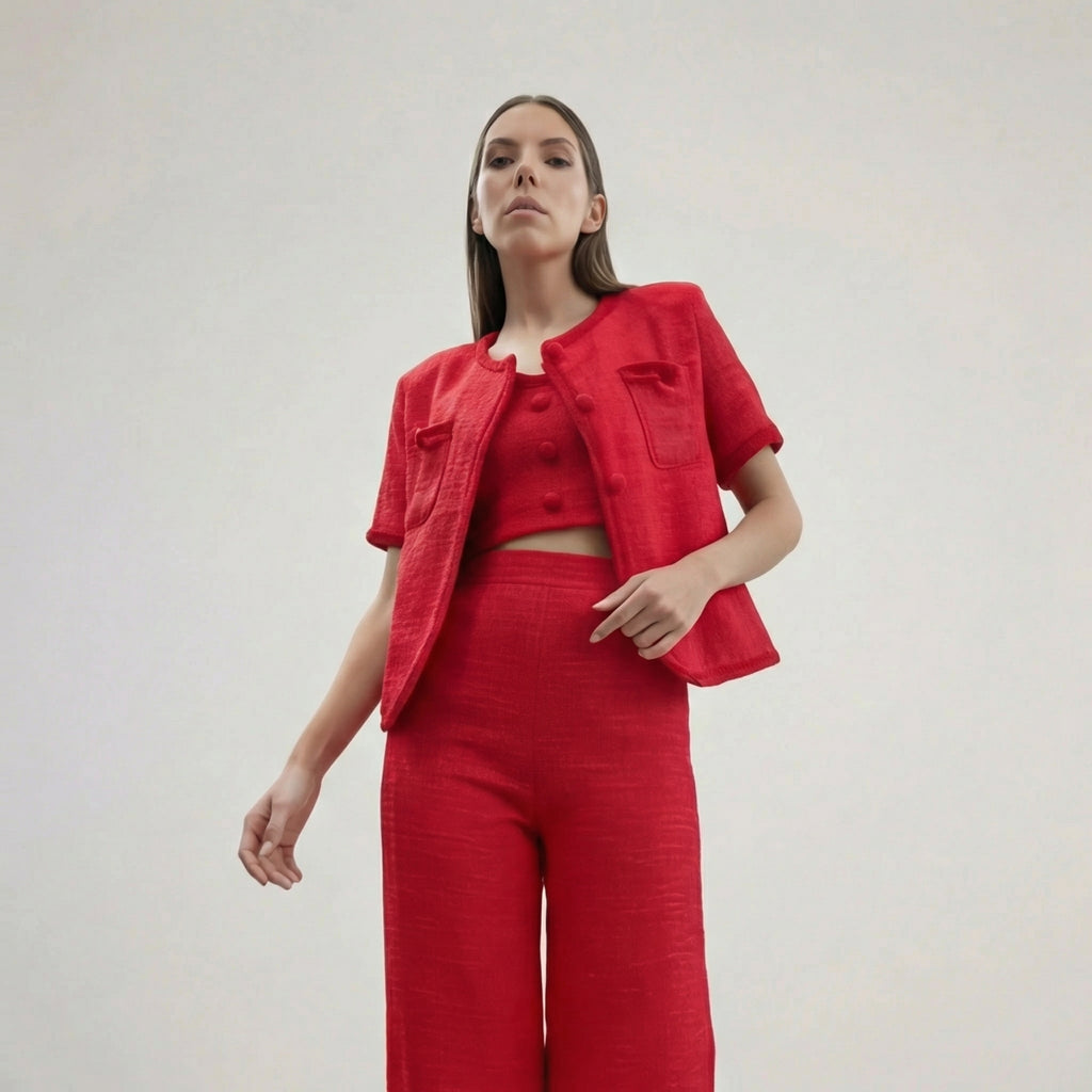 Red Elegant Tweed Style Three-Piece Trouser Set