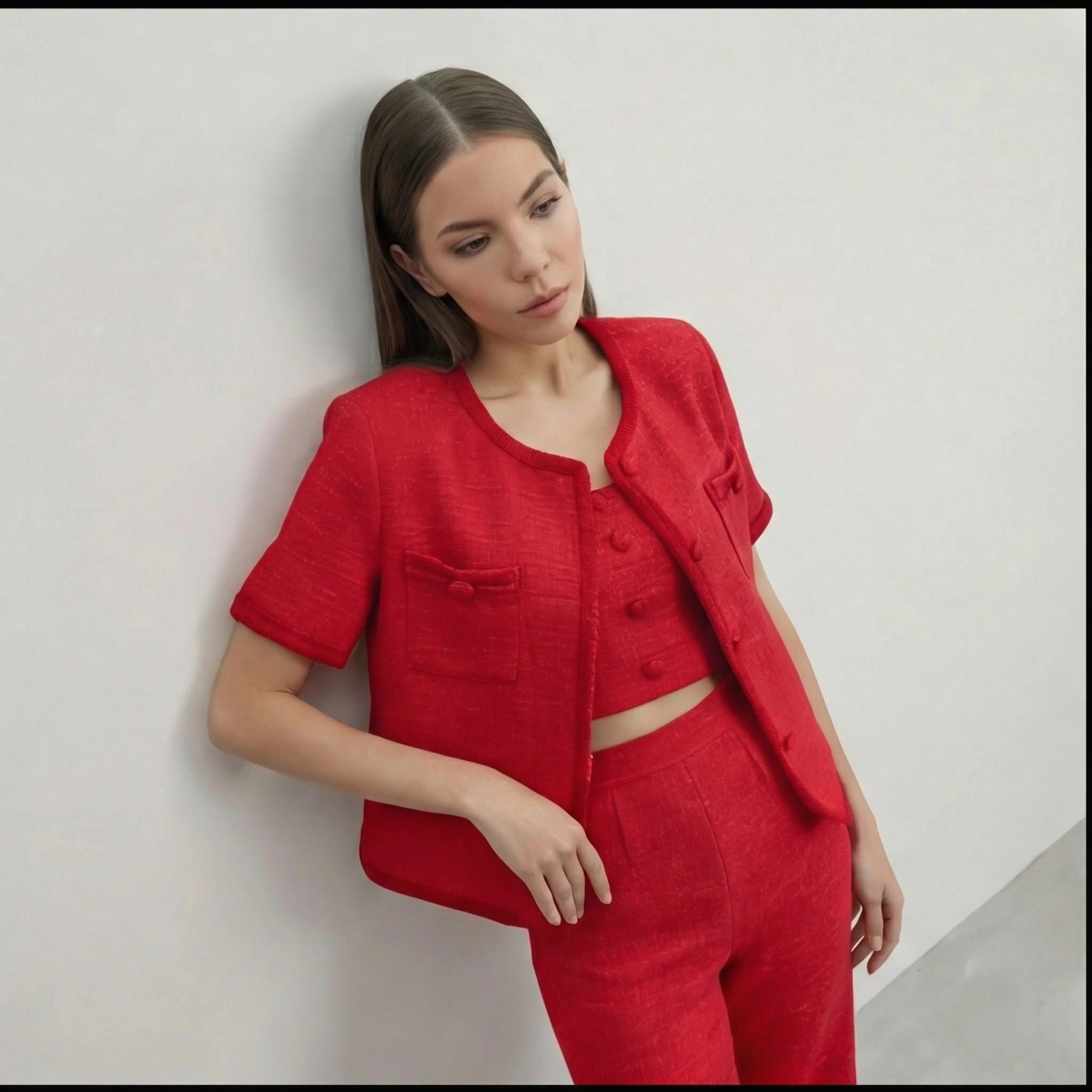 Elegantes dreiteiliges Hosen-Set im roten Tweed-Look