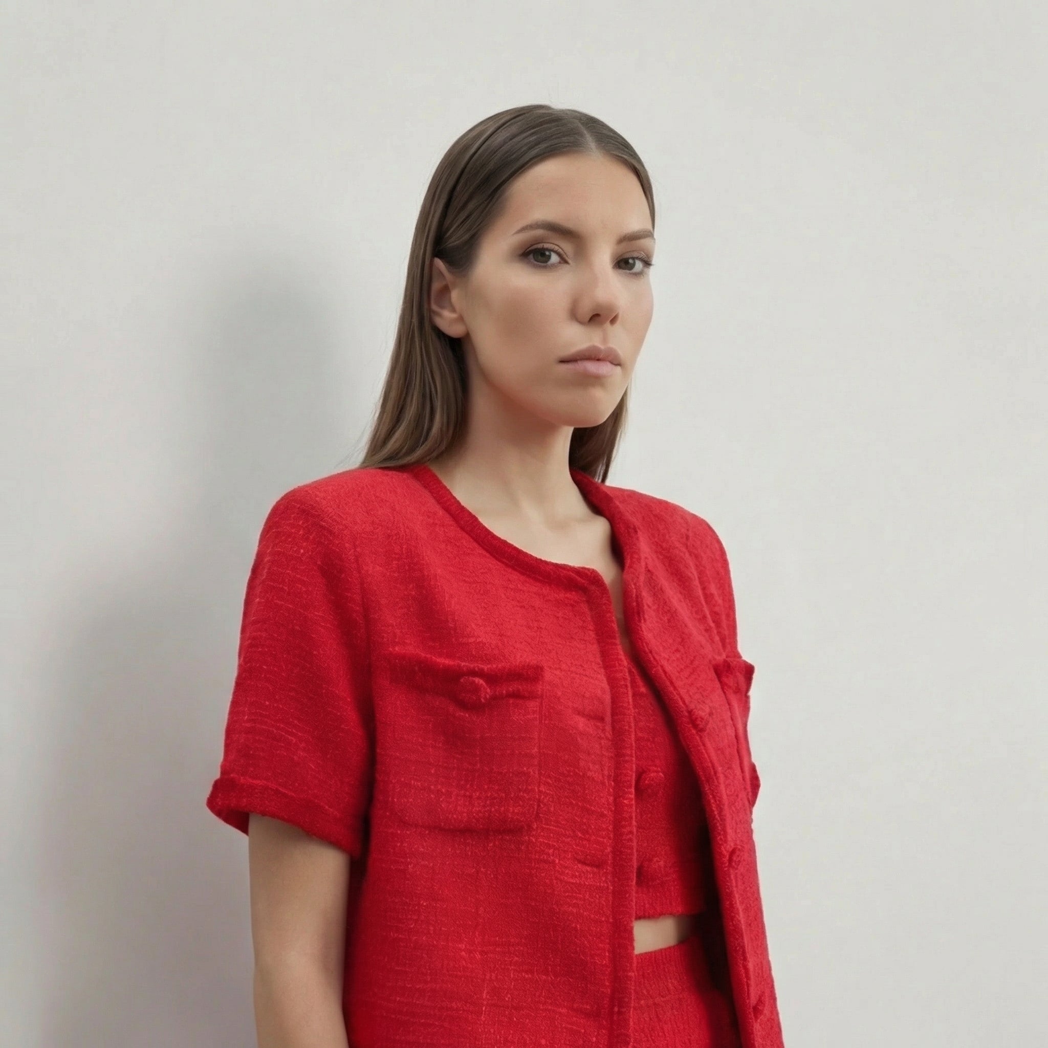 Elegantes dreiteiliges Hosen-Set im roten Tweed-Look