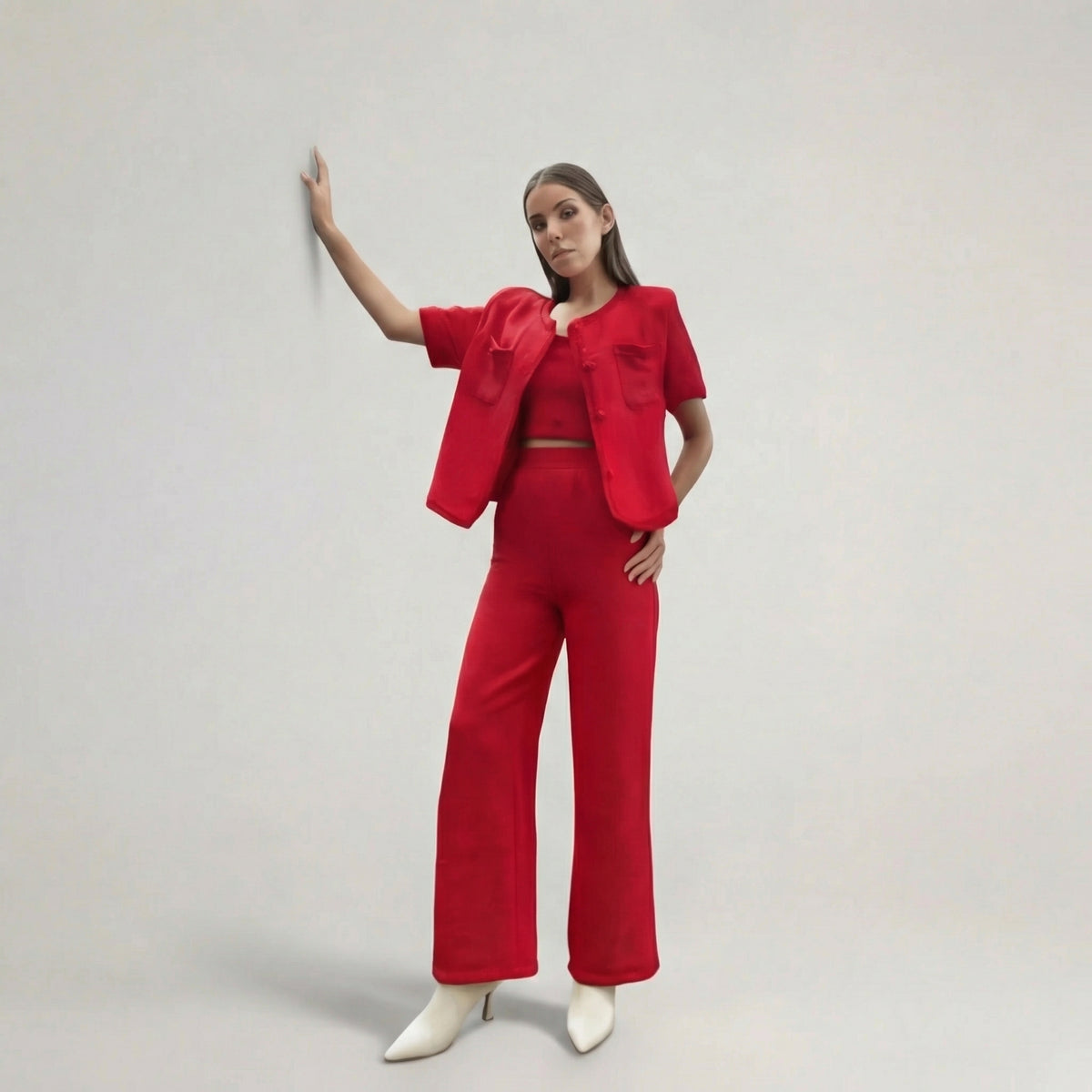 Red Elegant Tweed Style Three-Piece Trouser Set
