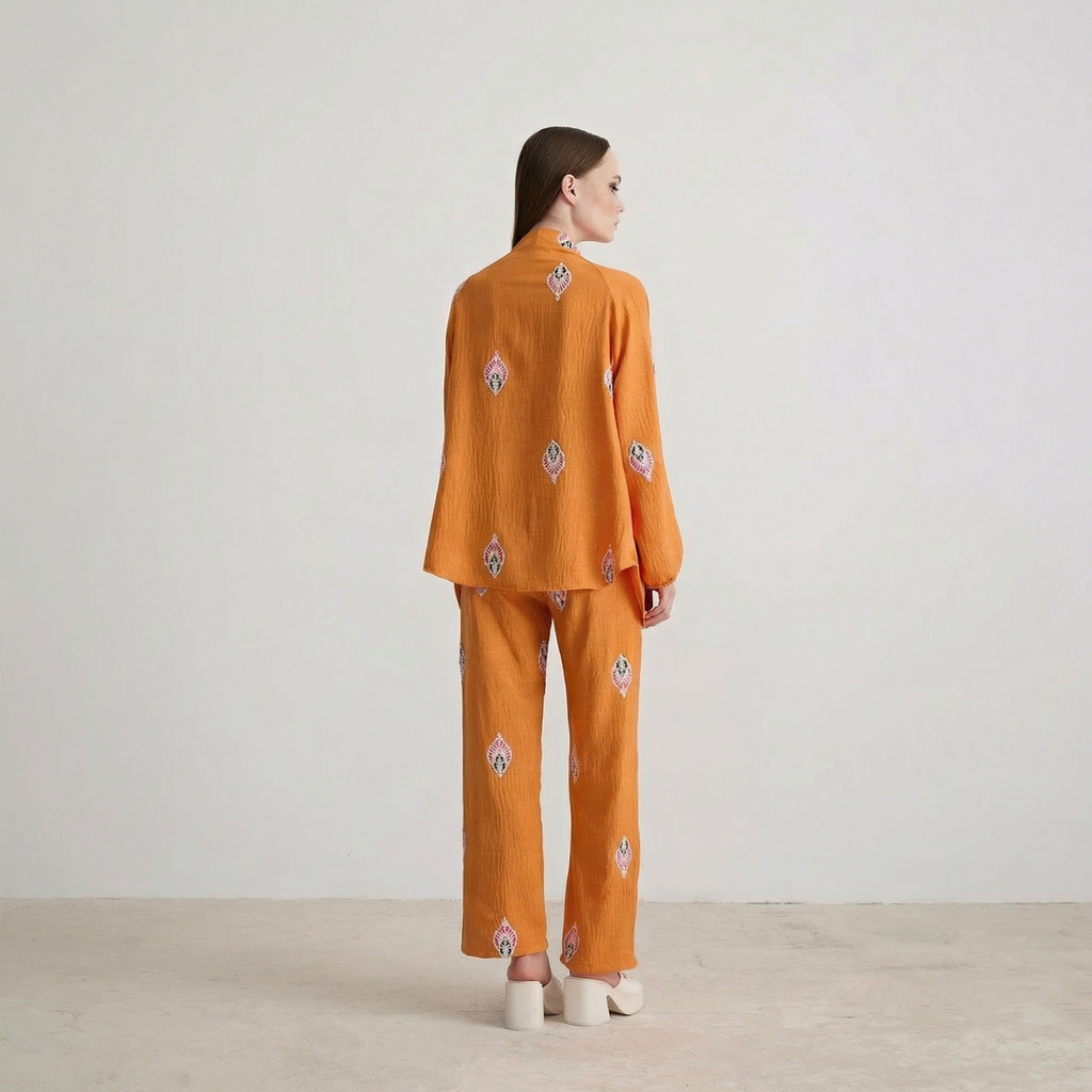 Orange Paisley Patterned Relaxed-Fit Textured Trousers