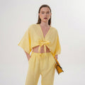 Yellow Tie-Front Cropped Blouse with Wide Draped Sleeves