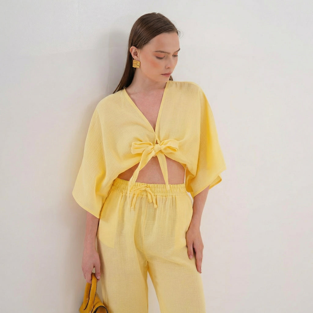 Yellow Tie-Front Cropped Blouse with Wide Draped Sleeves