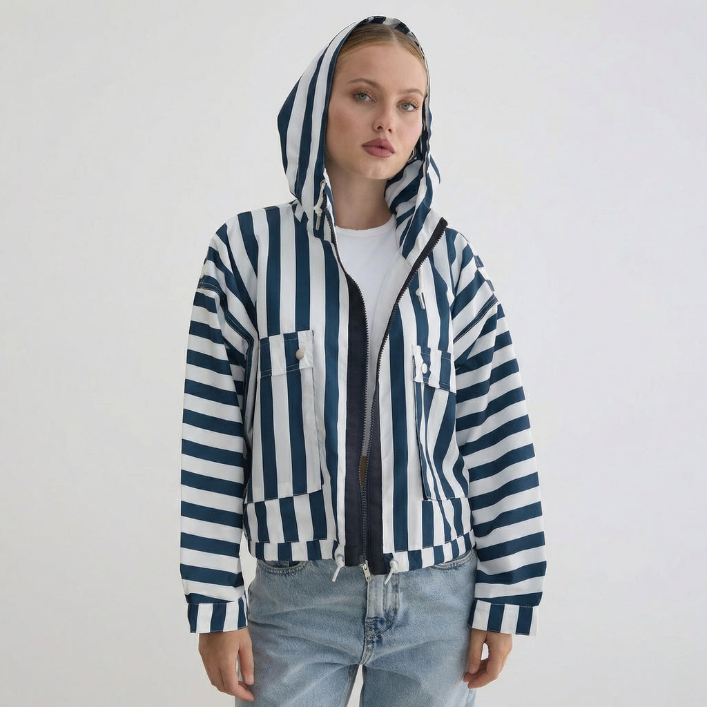 Blau-weiß gestreifte lässige Kapuzen-Windjacke