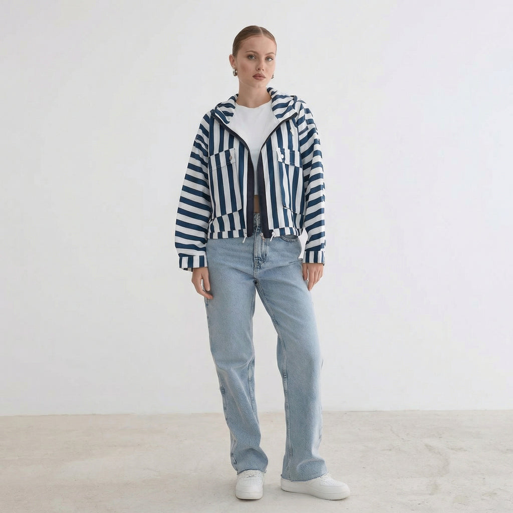 Blau-weiß gestreifte lässige Kapuzen-Windjacke