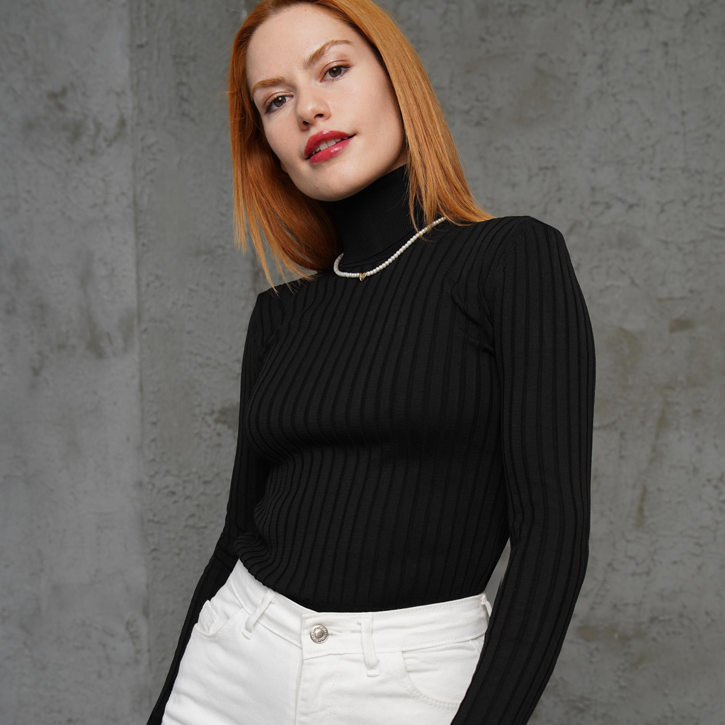 Classic Black Ribbed Roll Neck Jumper