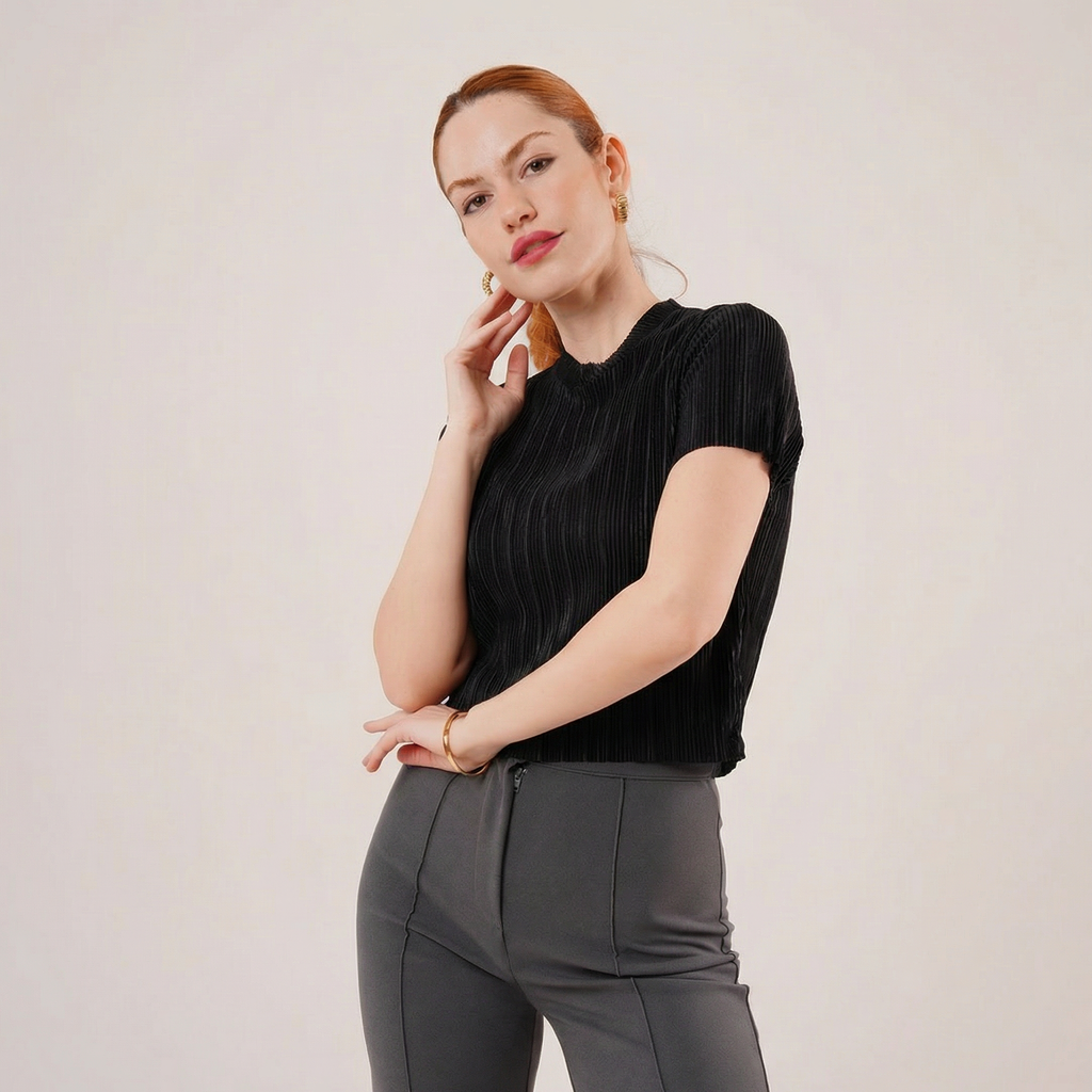 Black Micro-Pleated Short Sleeve Blouse with Subtle Shine