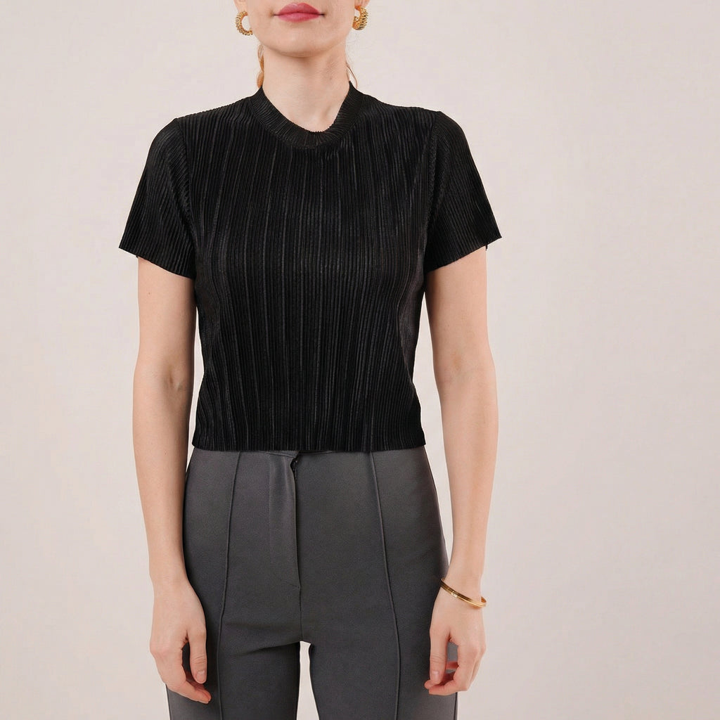 Black Micro-Pleated Short Sleeve Blouse with Subtle Shine