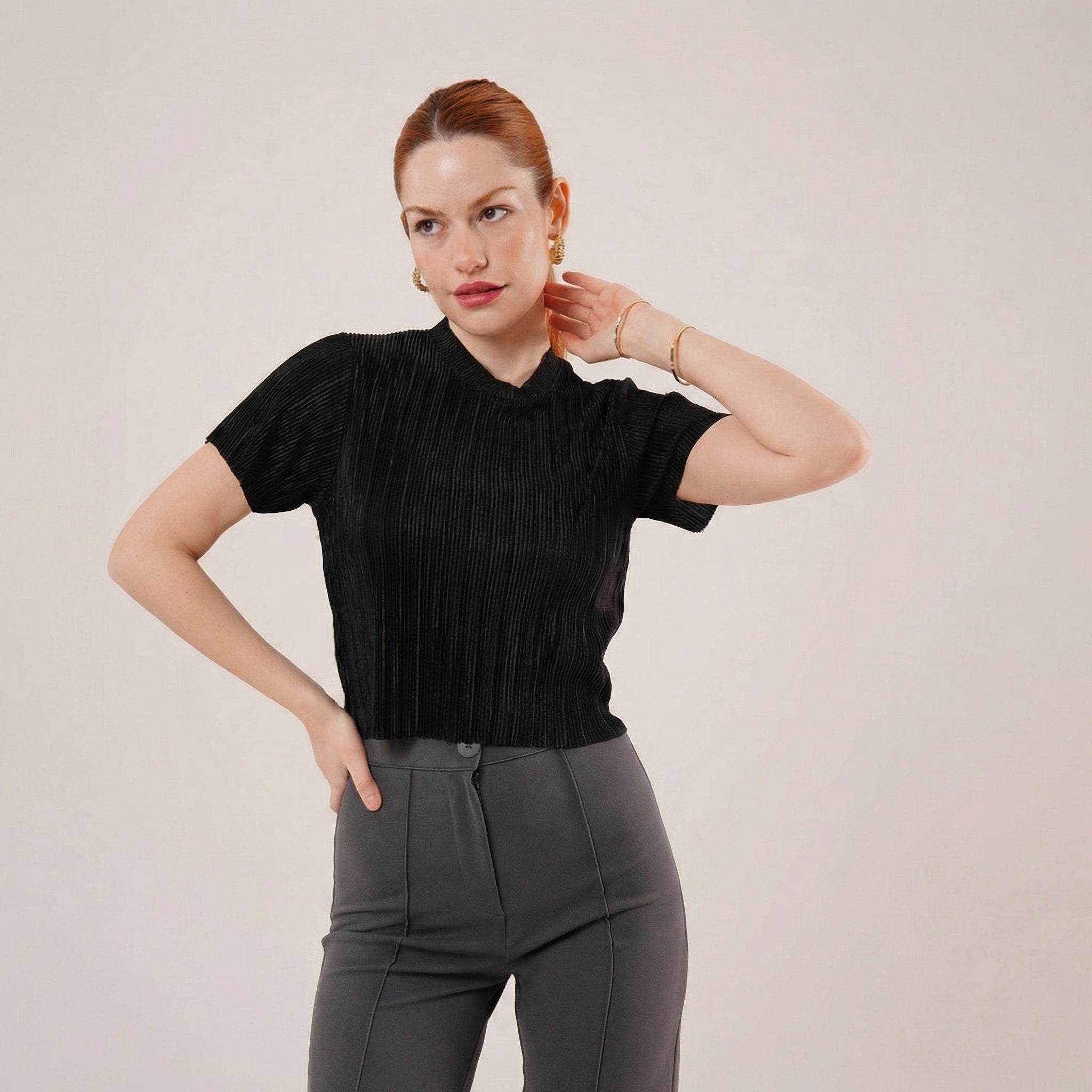 Black Micro-Pleated Short Sleeve Blouse with Subtle Shine