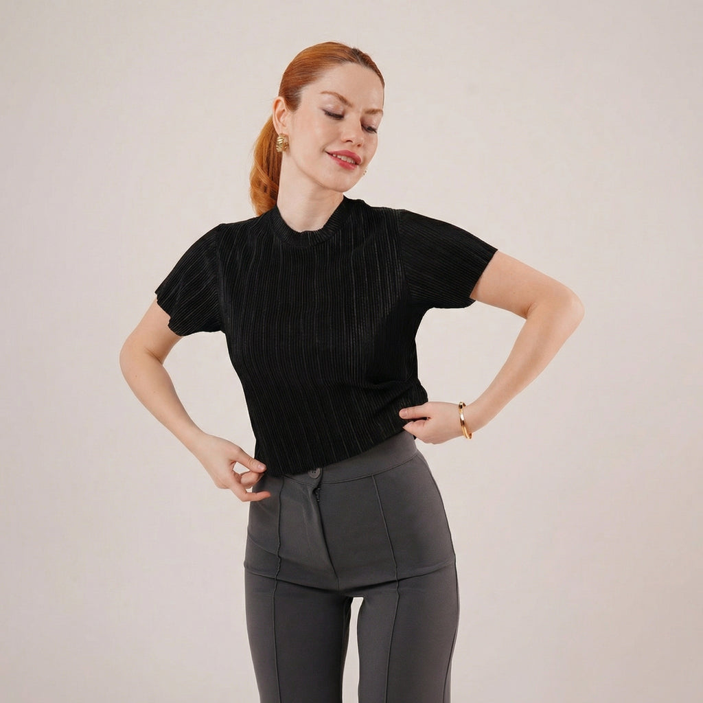 Black Micro-Pleated Short Sleeve Blouse with Subtle Shine
