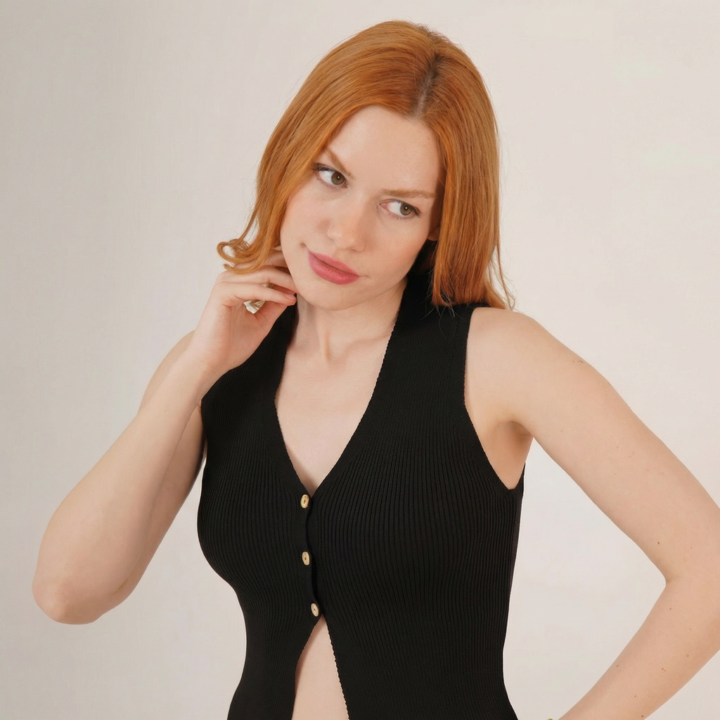 Black Sleeveless Ribbed Crop Top with Button-Down Detail